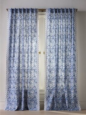 EUC Anthropologie Cotton Woven Block Print Curtains, Set of 2, 50” x 84”